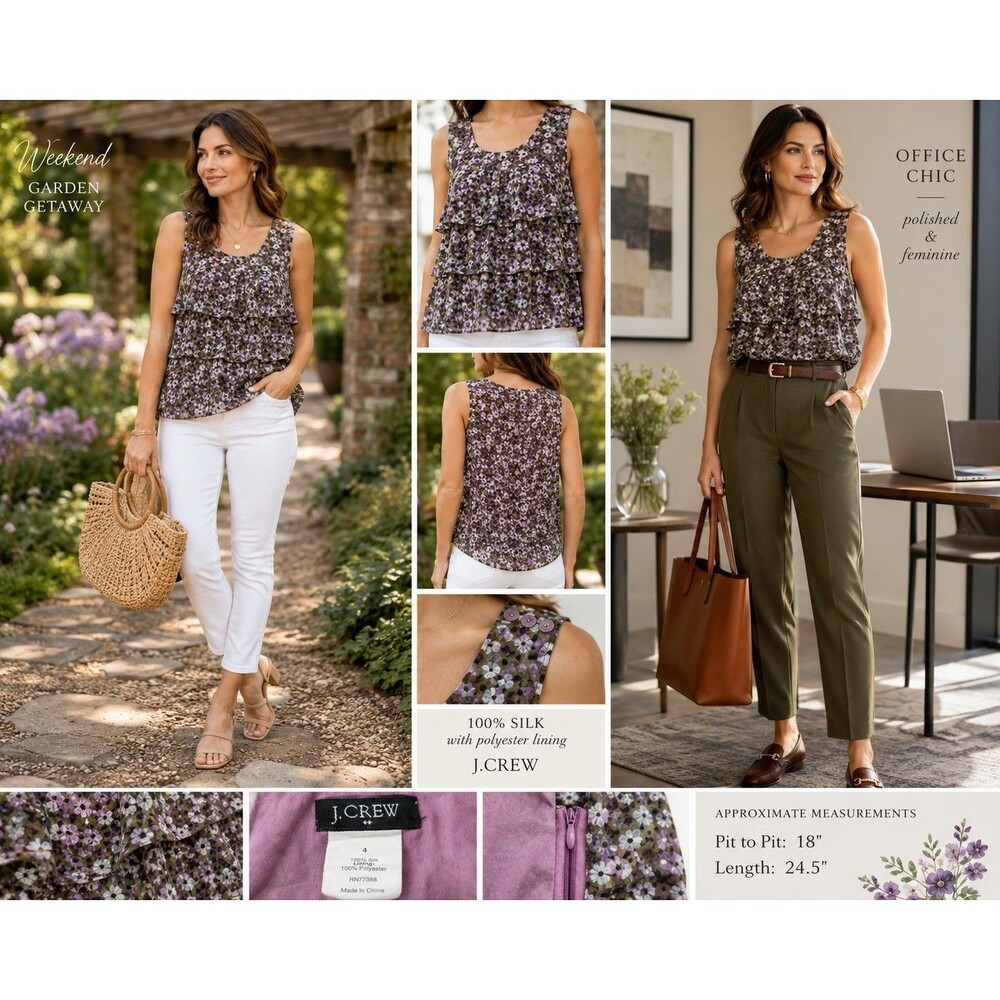 J.Crew Women 4 100% Silk Floral Tiered Sleeveless Blouse Purple Lined Romantic
